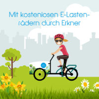 Illustration: Eine Person fährt mit einem elektrischen Lastenrad durch eine grüne Parklandschaft; im Hintergrund eine stilisierte Stadtsilhouette und der Text „Mit kostenlosen E-Lastenrädern durch Erkner“.
