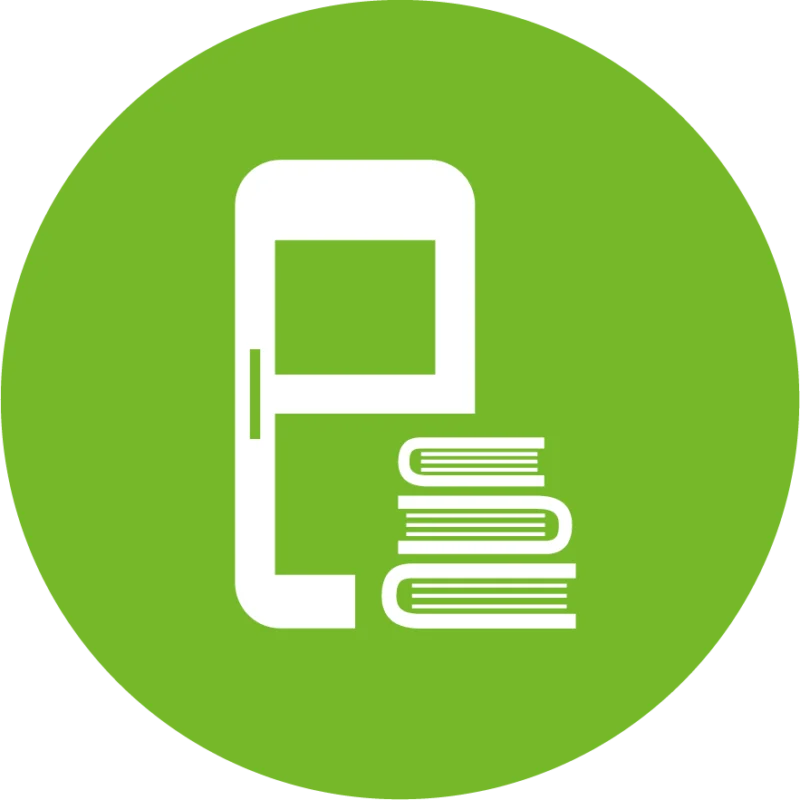 Weißes Piktogramm eines schwarzen Bretts mit daneben liegendem Stapel Zeitschriften auf grünem Kreis – symbolisiert Informations- und Aushangmöglichkeiten.