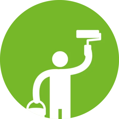 Weißes Piktogramm einer Person auf grünem Kreis, die mit erhobenem Arm eine Farbrolle hält und mit der anderen Hand einen Farbeimer trägt – symbolisiert Malerarbeiten, Renovierung oder Instandhaltung.